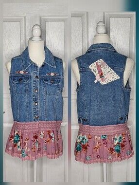 Handmade Upcycled Denim Sleeveless Vest with Pink Floral Hem
